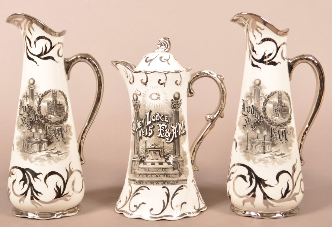 3 Masonic Lodge Silver Luster Decorated China Vessels. (1 of 3)