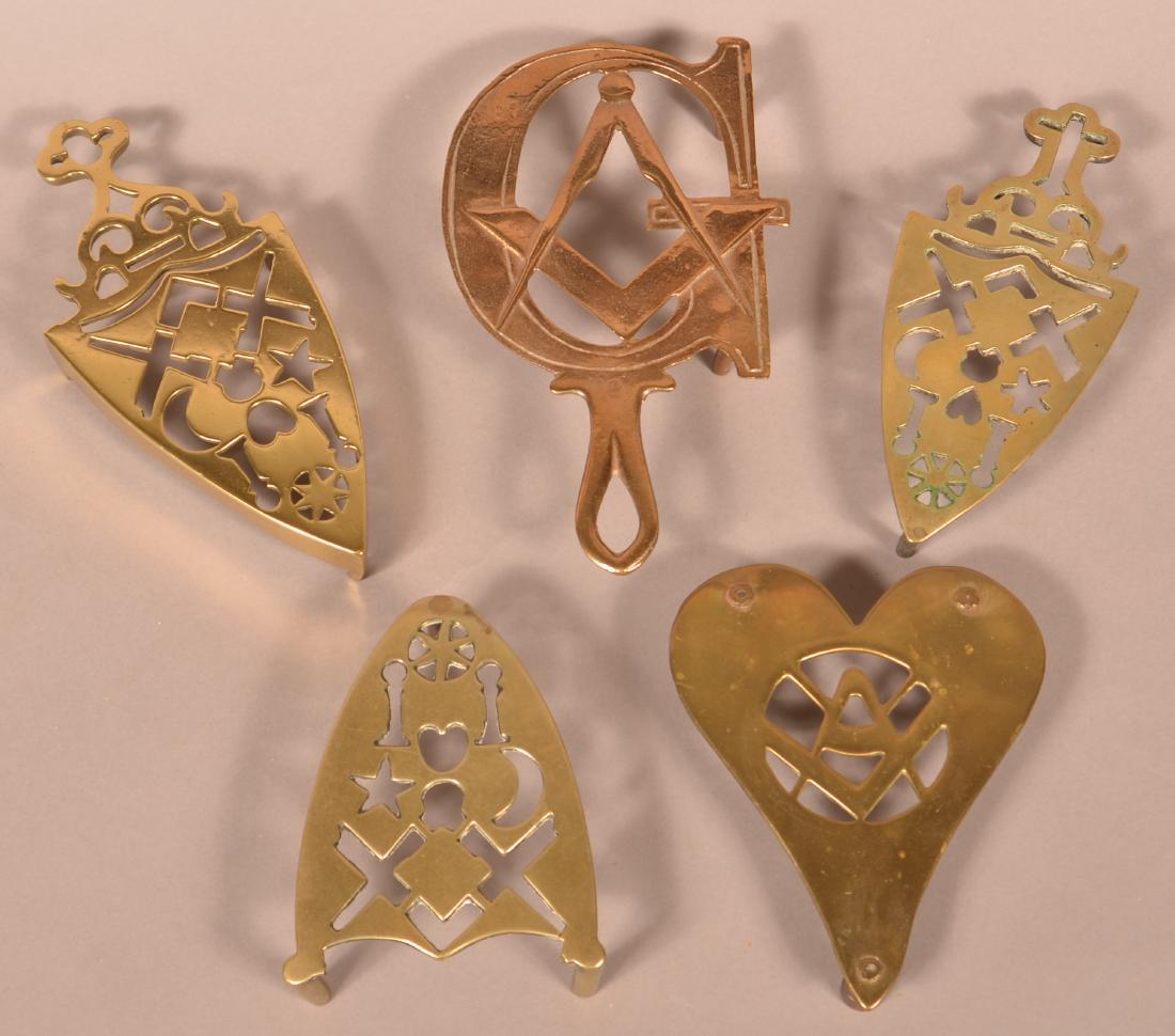 Five Various Antique/Vintage Masonic Brass Trivets.: Five Various Antique/Vintage Masonic Brass Trivets. Largest measures 8-1/2"l. Condition: Very good with minor wear.