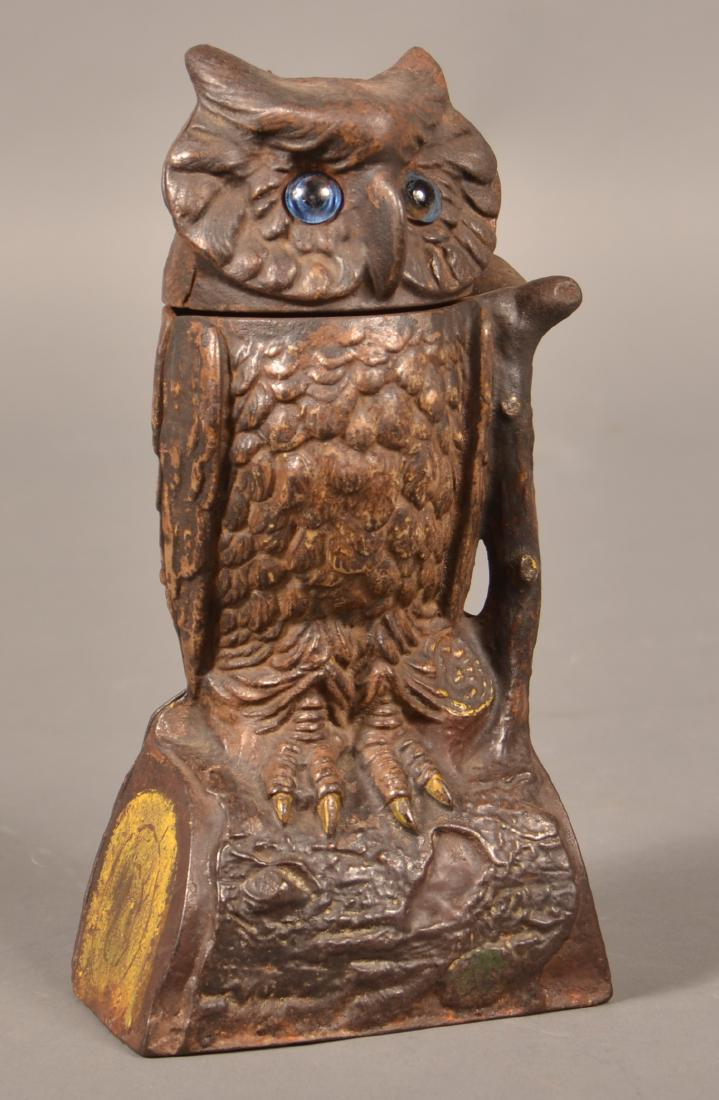 J & E Stevens Cast Iron Owl Mechanical Bank. (1 of 4)