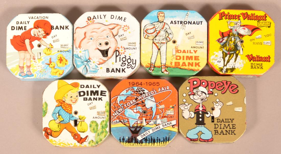 Seven Various Vintage Tin Lithograph Daily Dime Banks. (1 of 2)