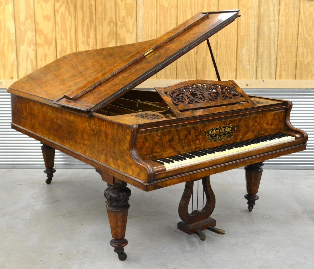 Collard & Collard, London, Amboyna Wood Grand Piano.: Collard & Collard, London, Amboyna Wood Grand Piano. Serial No. 98384. Circa. 1850-1875. 38"h. x 59"w. x 87"l. Condition: Very good with minor wear and losses.