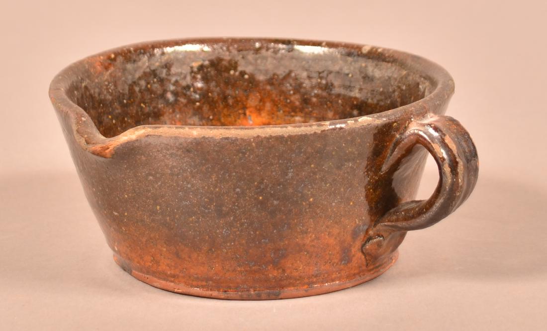19th Century Glazed Redware Side Spout Sauce Pot. (1 of 4)