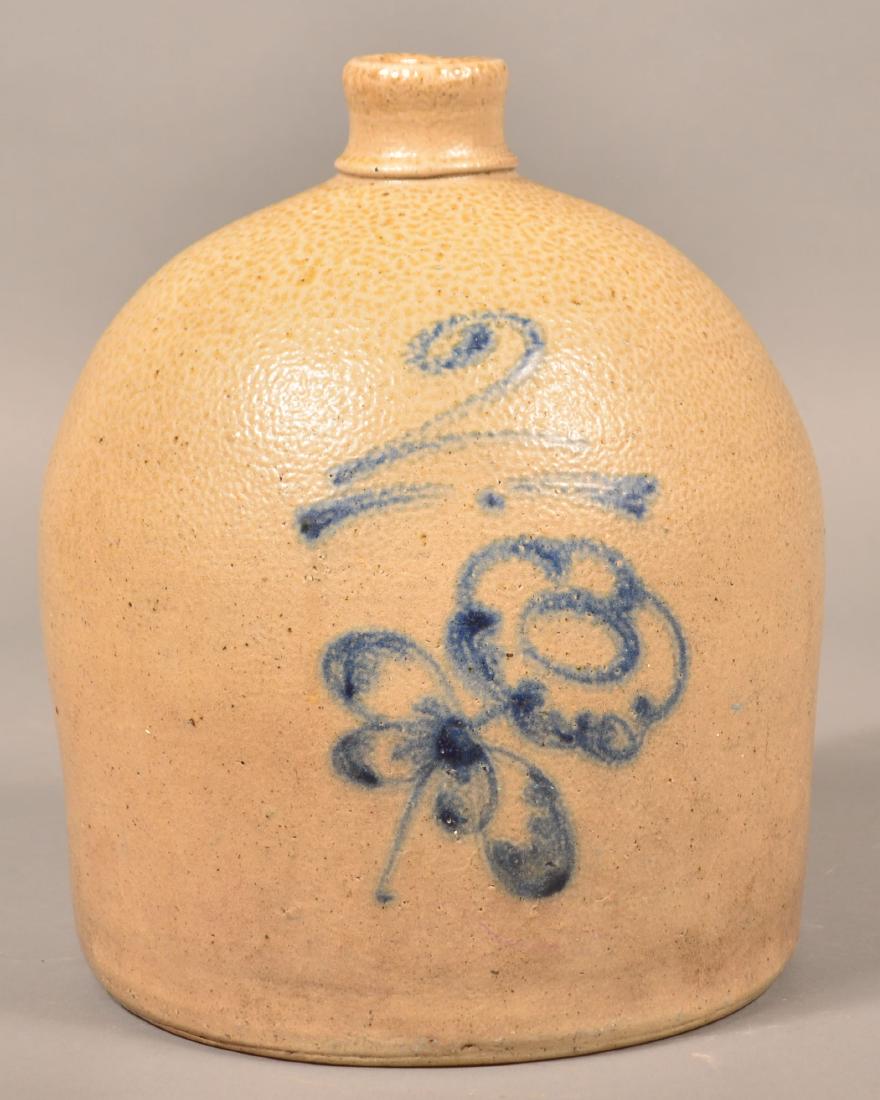 Two Gallon Stoneware Jug with Cobalt Flower Decoration. (1 of 3)
