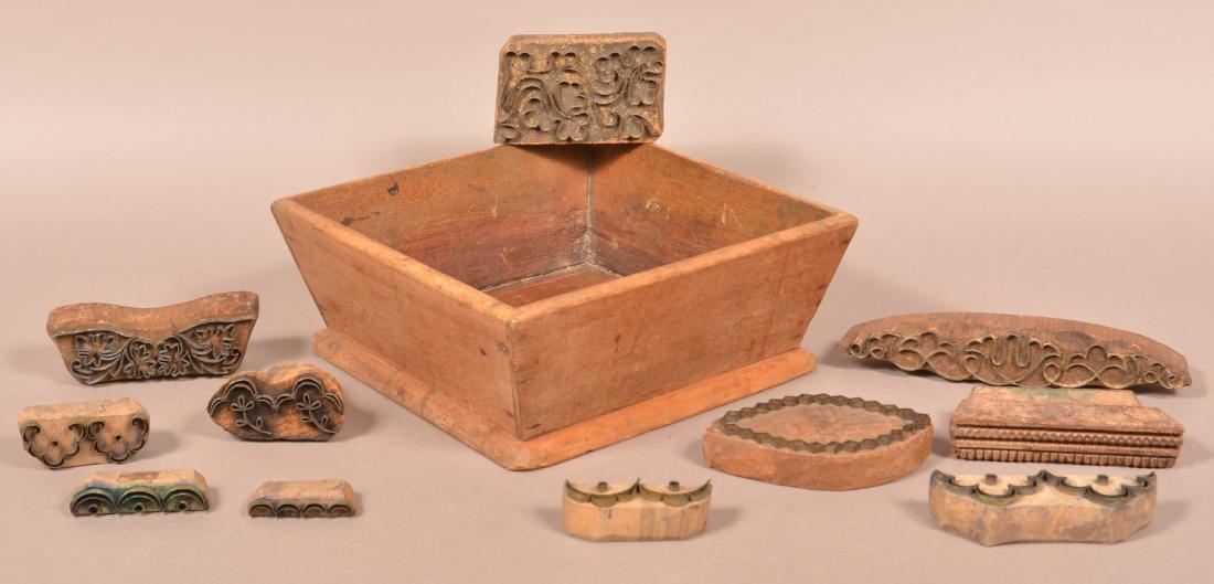 Antique Walnut Apple Box and 11 various Stamps. (1 of 2)