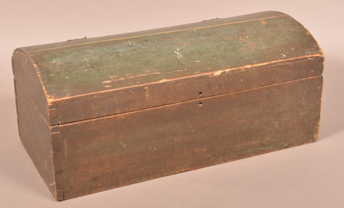 New England 19th Century Blue Painted Dom-lid Box.: New England 19th Century Blue Painted Dom-lid Box. Dovetailed case. 8-1/2"h. x 20"w. x 10"d. Condition: Fair with wear, cracks, repairs and losses.