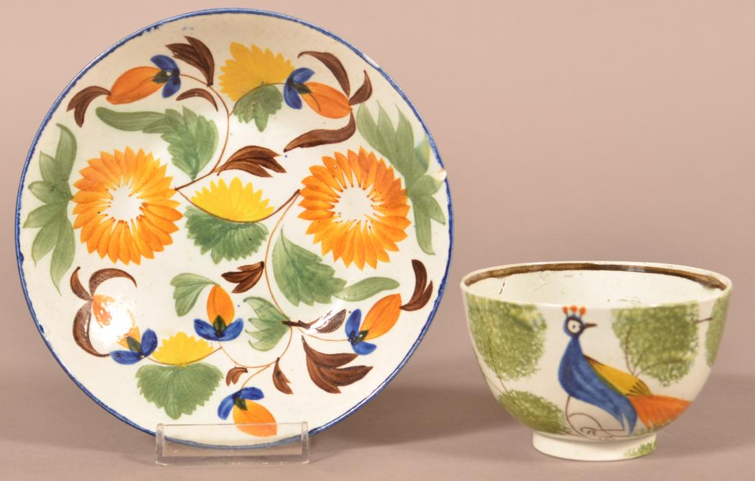 Leeds Soft Paste Peafowl Pattern Cup and Acorn Saucer. (1 of 3)