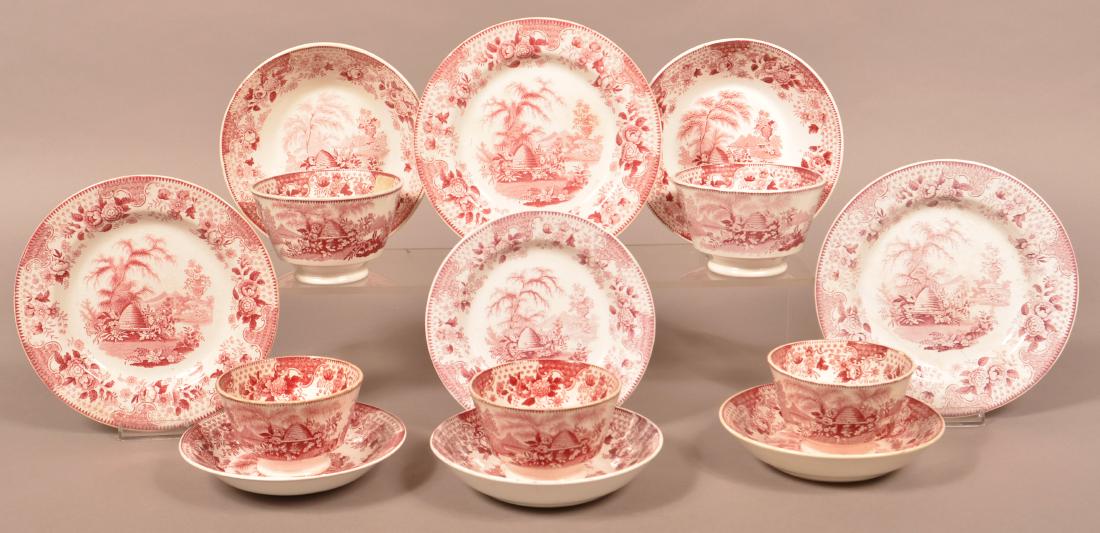 Fourteen Pieces of Staffordshire Red Transfer China. (1 of 1)