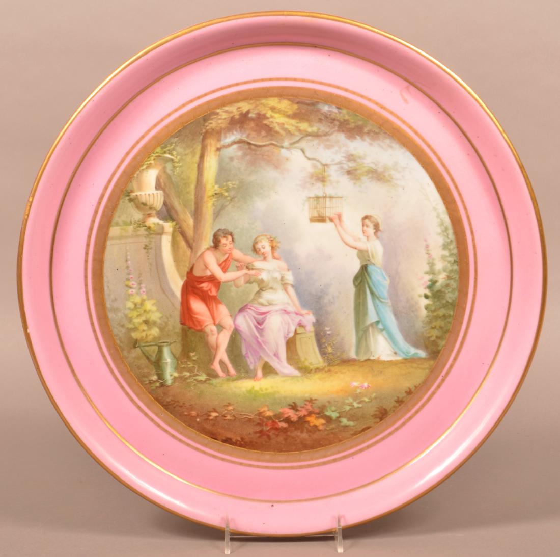 Large 19th Century Hand Painted Charger - Garden Scene. (1 of 3)