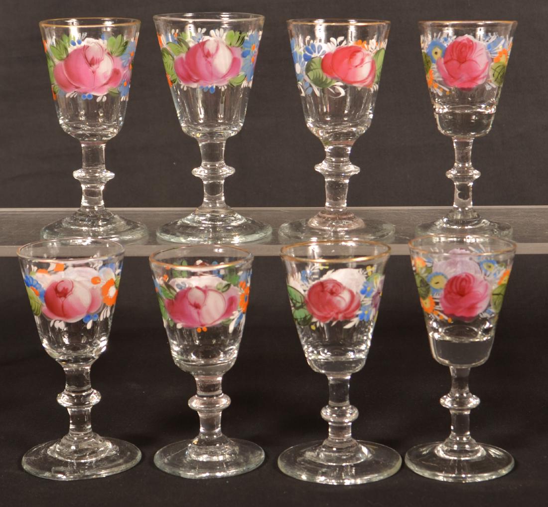Eight Polychrome Decorated Button Knop Stem Wines. (1 of 2)