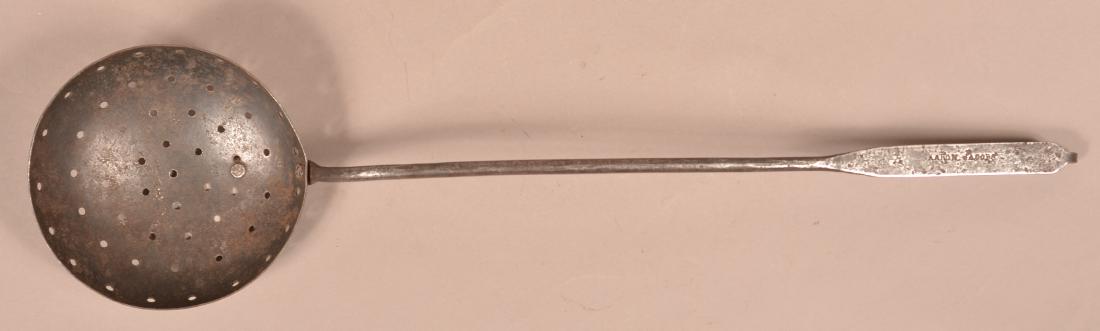 Stamped "Aaron Jacobs" Wrought Iron Skimmer.: Stamped "Aaron Jacobs" Wrought Iron Skimmer. (Worked in York and Adams Counties, PA. Circa. 1870-1910). Round to flattened handle with hanging hook terminal. 21"l. Condition: Good with use wear, pitti