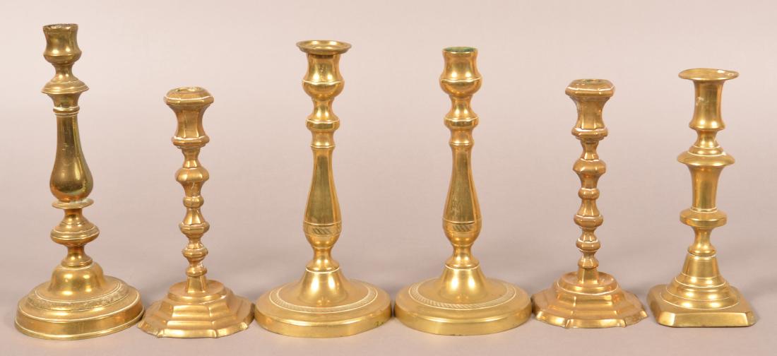 Six Antique Brass Candlesticks. (1 of 2)