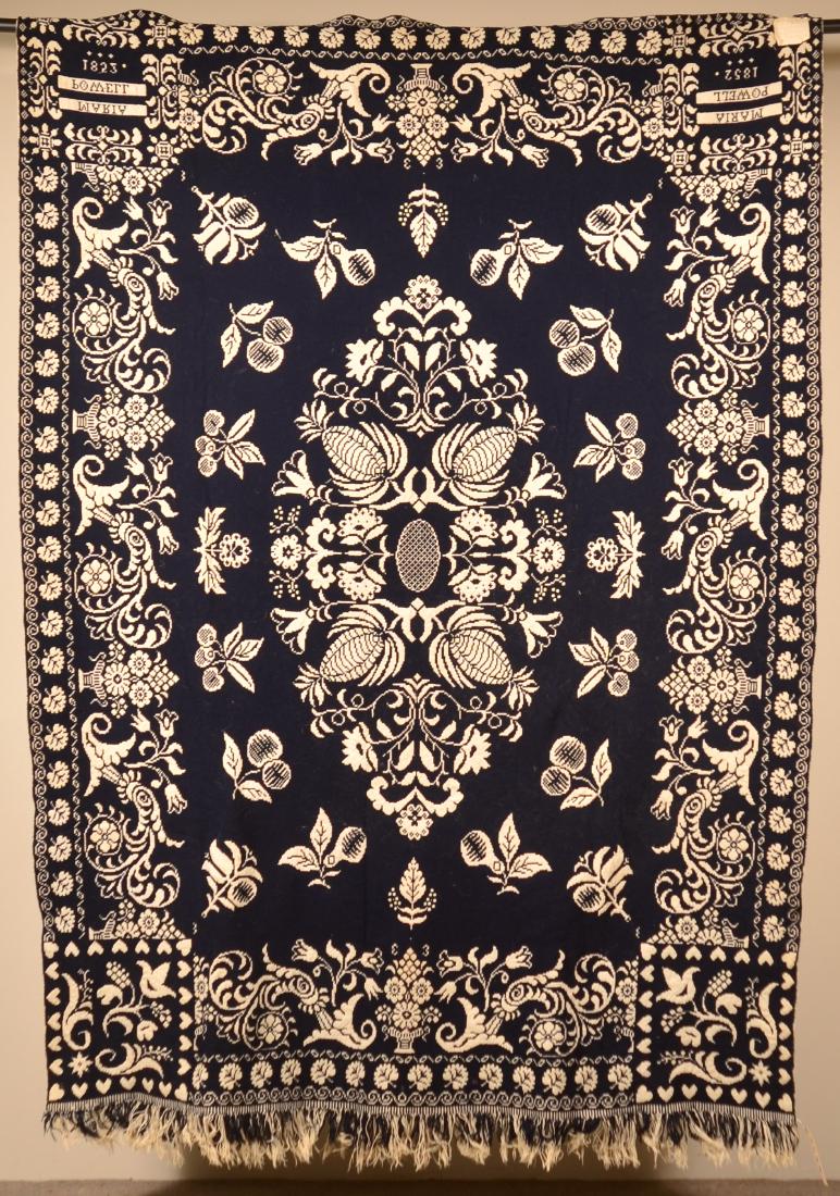 Blue and White Maria Powell 1852 Single Part Coverlet.: Blue and White Maria Powell 1852 Single Part Coverlet. 64" x 88". Condition: Good.