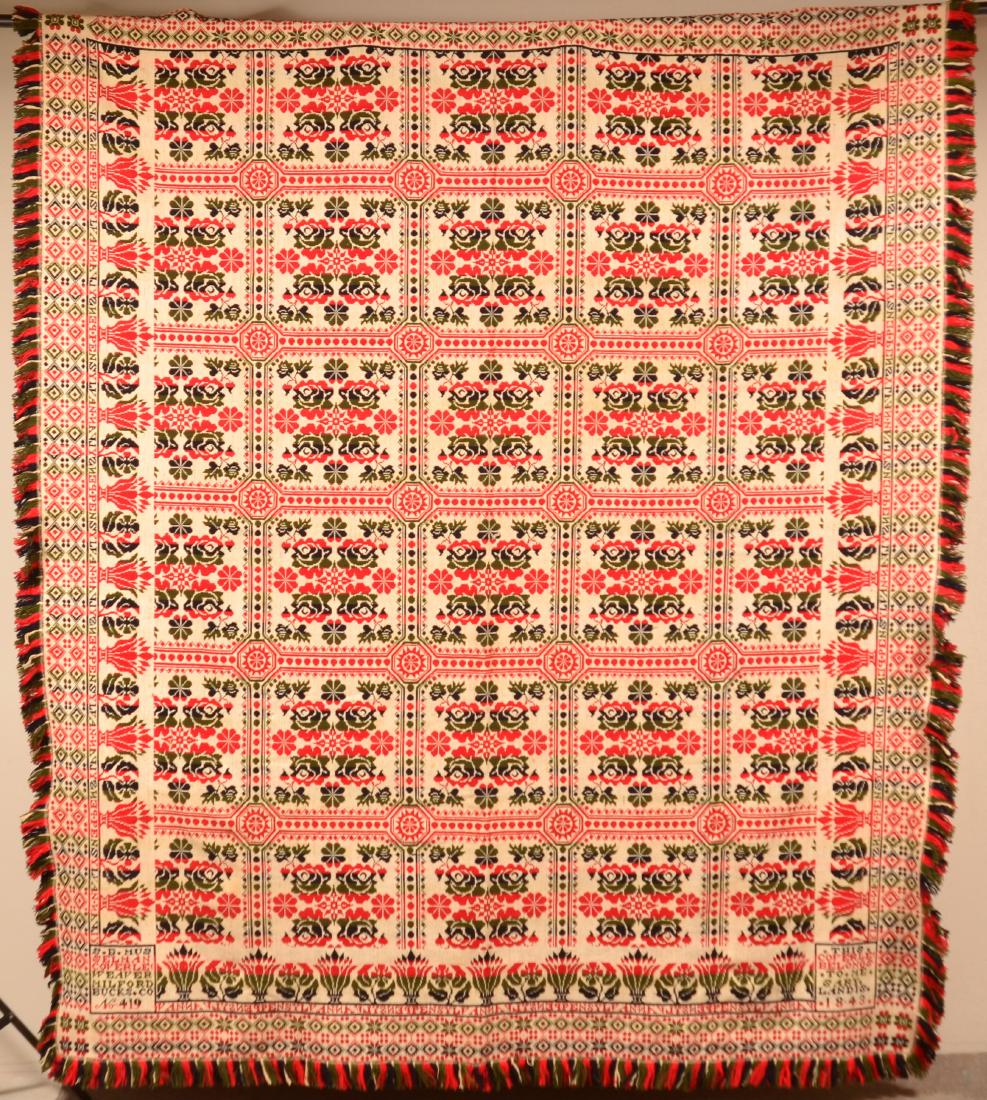 S.B. Musselman Coverlet Weaver Milford Buck Co. No.: S.B. Musselman Coverlet Weaver Milford Bucks Co. No. 419. This Coverlet Belongs to Me, Sary Landis 1843. Single part. 83" x 96". Condition: Very good.