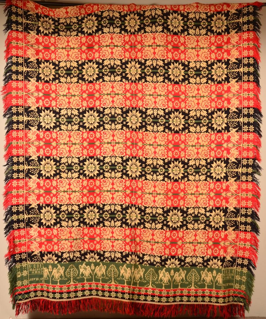 I. Scharf/John Smith 1834 Four Color Woven Coverlet. (1 of 3)