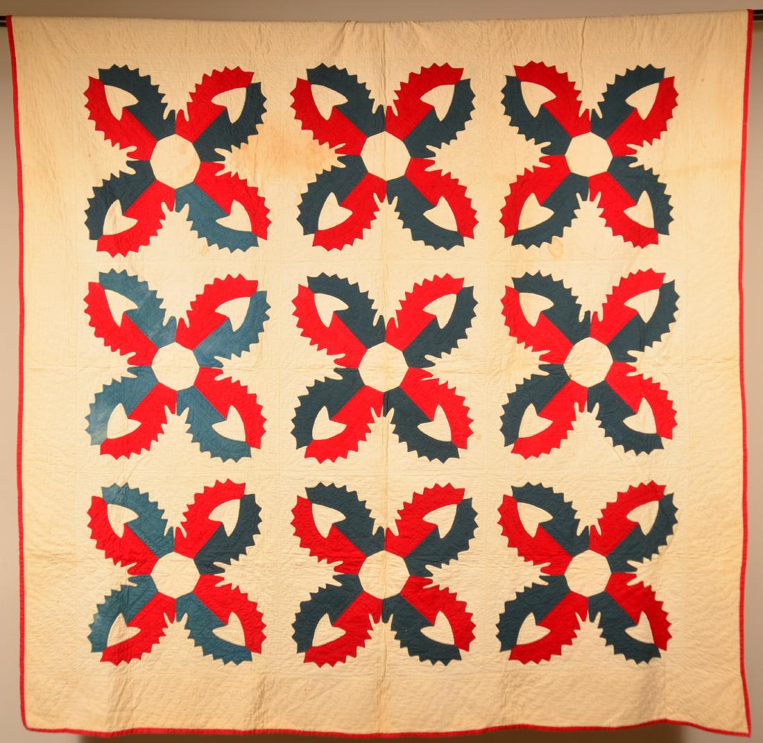 Antique Applique Four Petal Flowers with Hearts Quilt. (1 of 6)