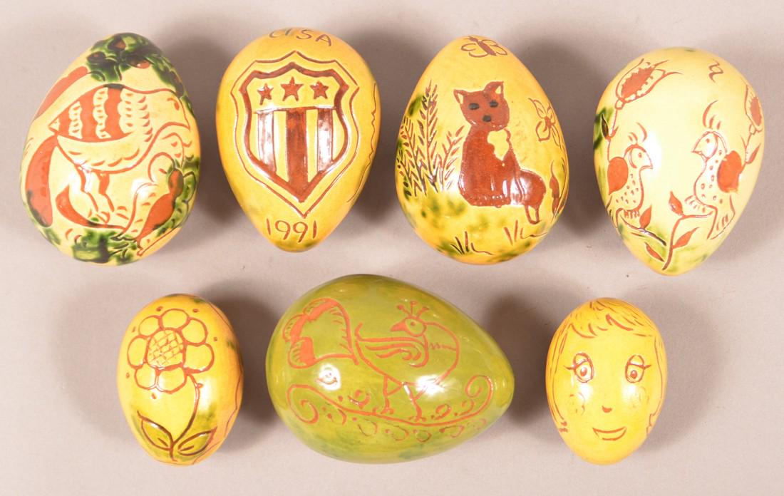 7 Breininger Redware Sgrafitto Decorated Eggs. (1 of 2)