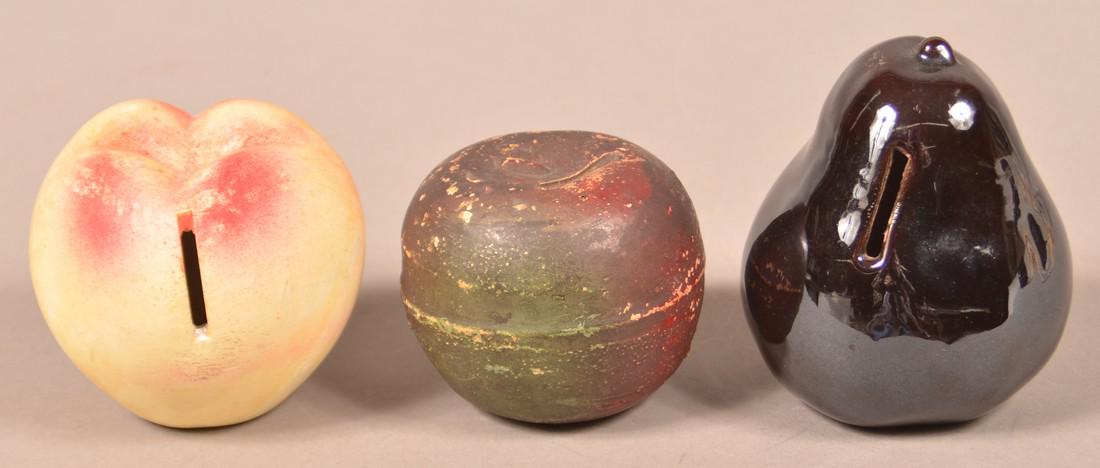 3 Various Antique Pottery Fruit Form Still Banks. (1 of 2)
