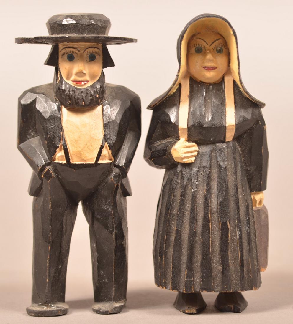 Pair of Amish Figures Attr. to the Jail Carvers.: Pair of Amish Folk Art Figures Attributed to the Jail Carvers. (Southeastern, PA Circa. 1900-1945). See "Just For Nice" by Machmer, fig. 195 and 196 for a similar examples. 4-3/4"h. Condition: Good, m
