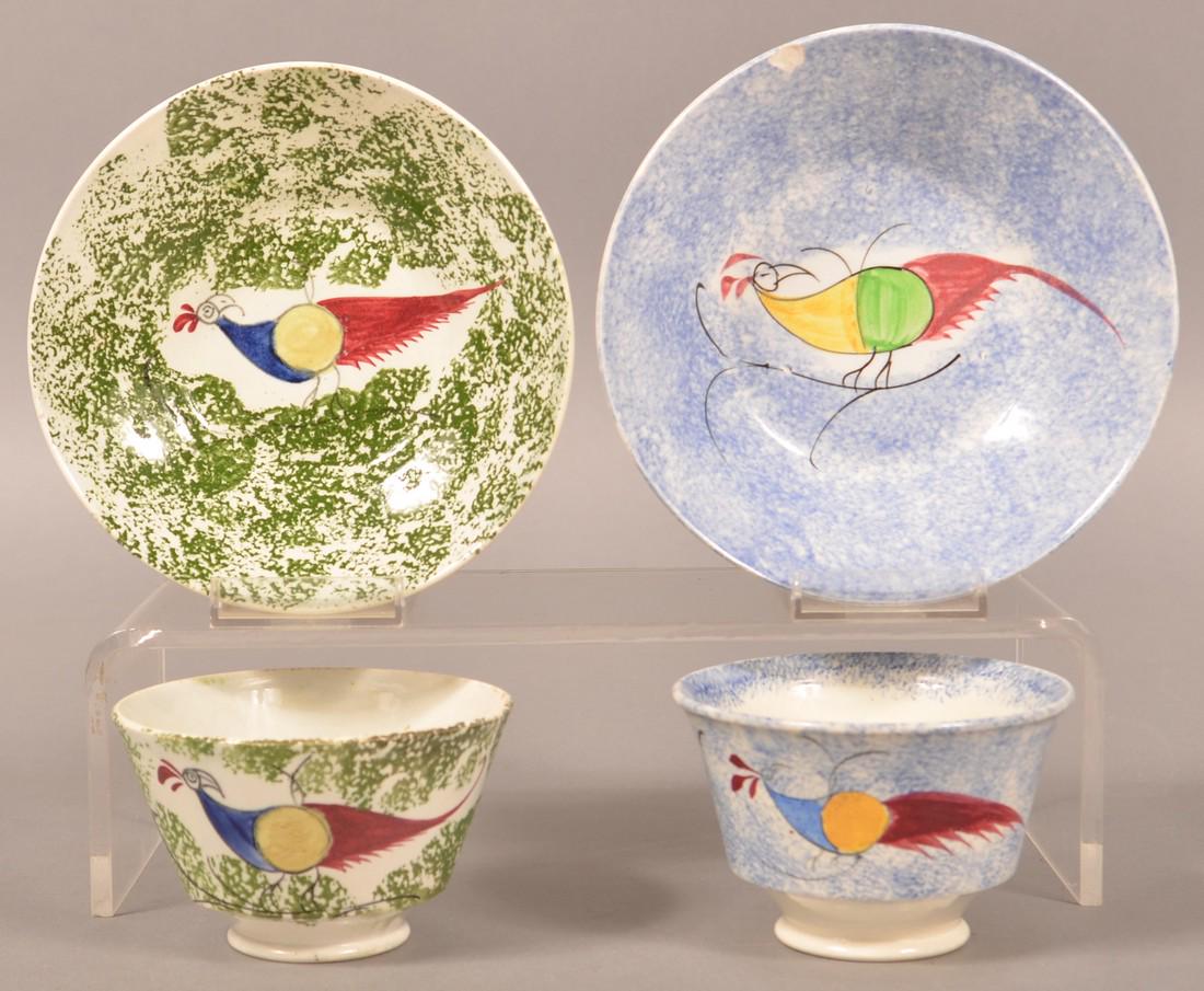 Two Spatterware Peafowl Cups and Saucers. (1 of 3)