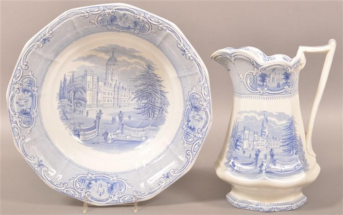 Blue Transfer University China Pitcher and Bowl. (1 of 4)