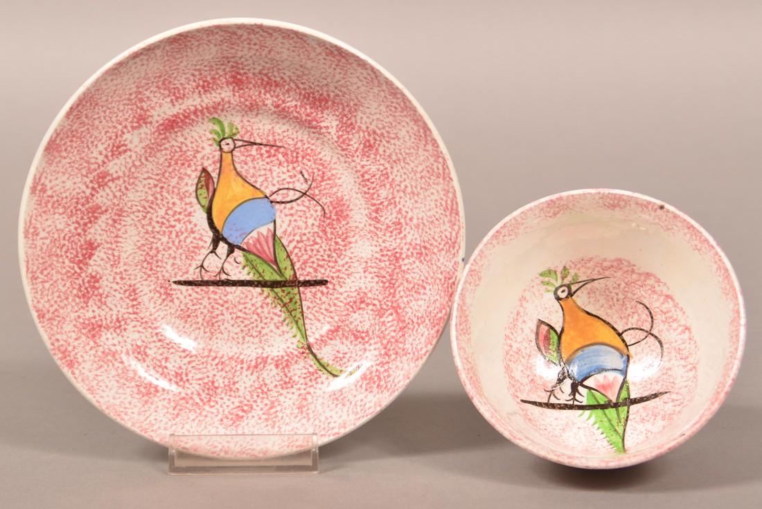 Red Spatter Peafowl on Bar Cup and Saucer. (1 of 3)