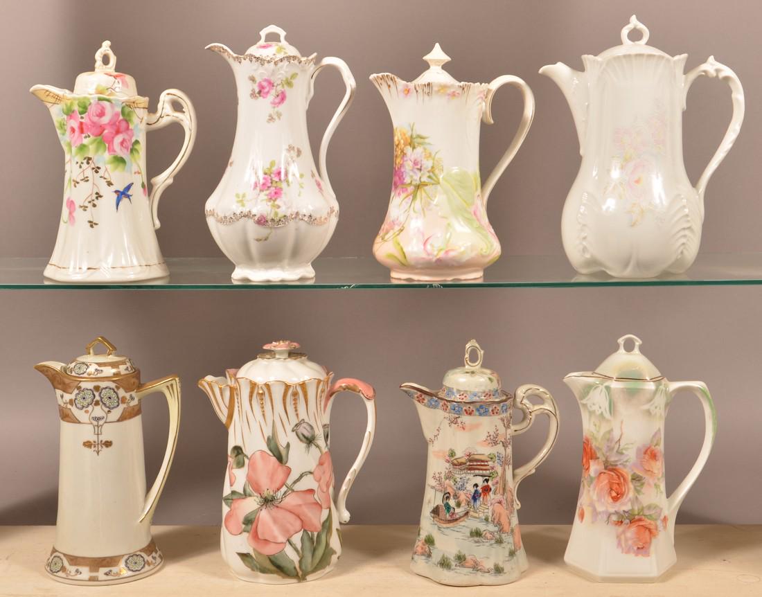 Eight Various Decorated China Chocolate Pots. (1 of 2)
