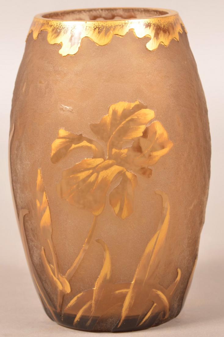 Cameo Art Glass Vase Attributed to Mont Joye.: Chipped Ice Cameo Art Glass Vase Attributed to Mont Joye. Iris design ovoid vase with gilt highlights. Signed on base with a hand painted gilt "M". 8"h. Condition: Good with minor wear.