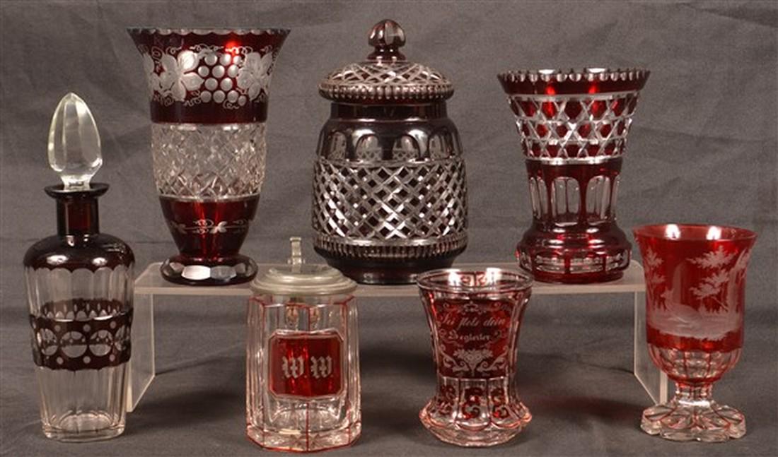 7 Pieces Bohemian of Ruby Cut to Clear Glass. (1 of 2)