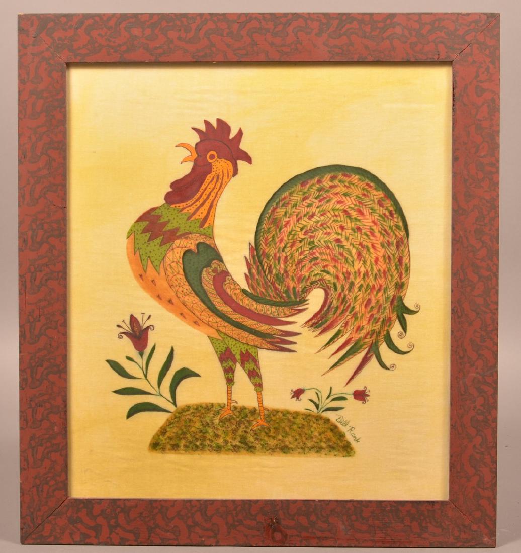 Bill Rank Rooster Theorem.: Bill Rank Rooster Theorem. Depicts a colorful crowing rooster standing on a grassy mound with tulips. In an original sponge painted frame, 21-1/2" x 19-1/2" overall. Condition: Very good.