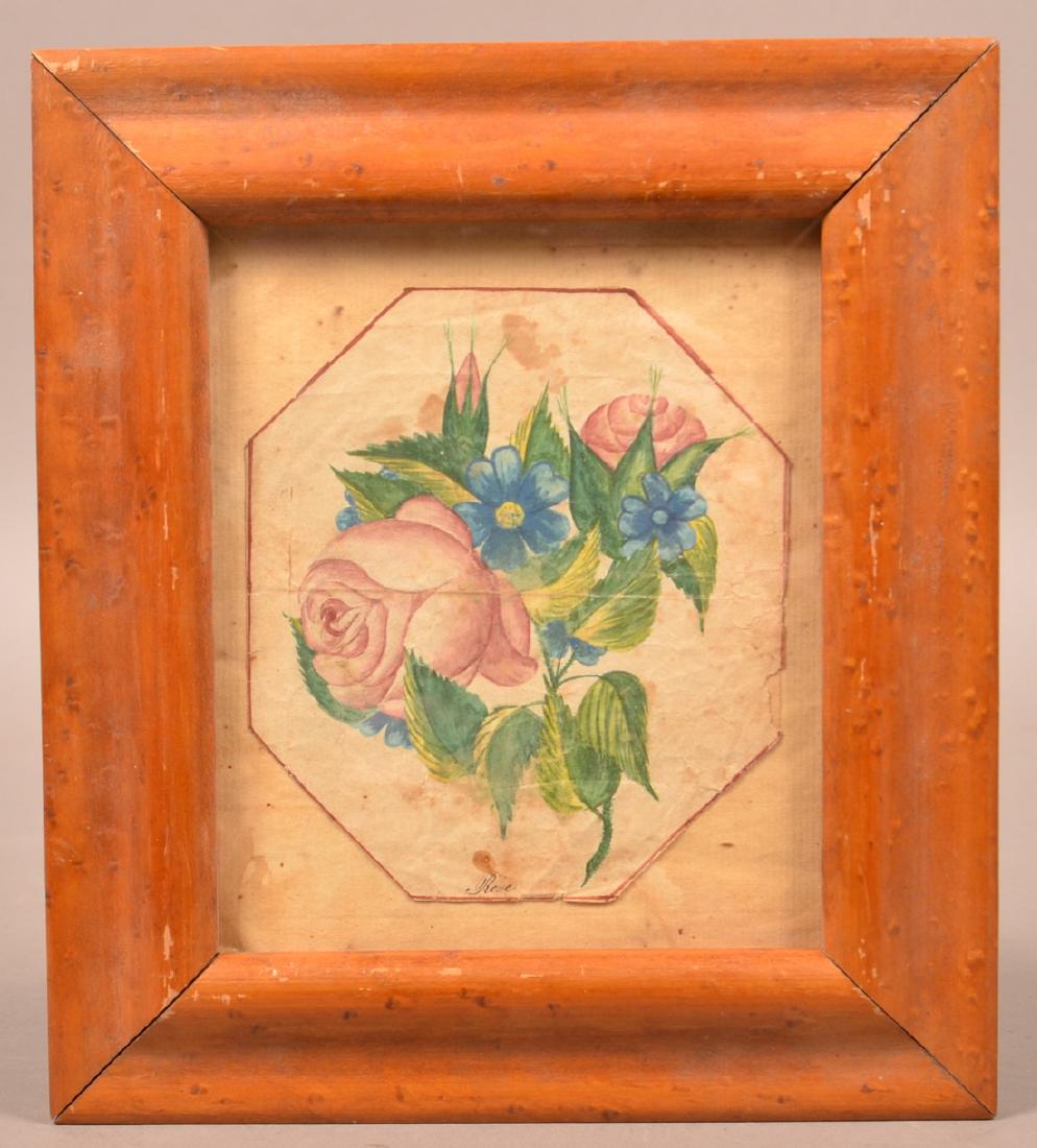 Early 19th century Floral Watercolor Drawing.: Early 19th century Floral Watercolor Drawing. Titled "Rose". Copy of hand written information that is written on back od artwork. In a Birds eye maple ogee molded frame, 9" x 8-1/4" overall. Condition