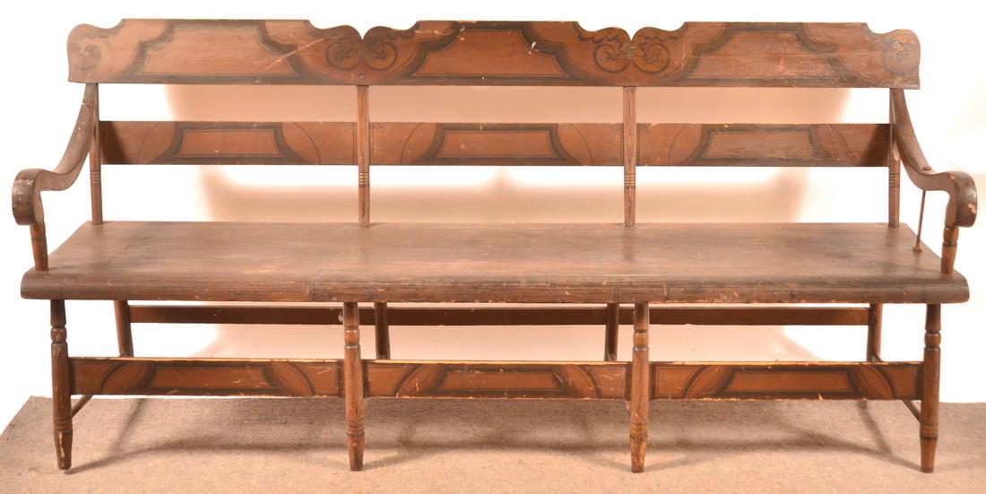 PA 19th Century Painted Plank Seat Settee.: Pennsylvania 19th Century Painted Plank Seat Settee. 35-1/2"h. x 78"w. x 19-1/2"d. Condition: Good with wear and losses. Arm reinforced with metal bolt, crest rail has a crack repair.