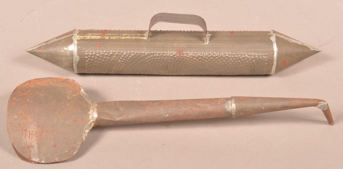 Antique Tin Bed Smoother and Hearing Aid.: Antique Tin Bed Smoother and Hearing Aid. Both measure 18-3/4"l. Condition: Good with rust and dents.