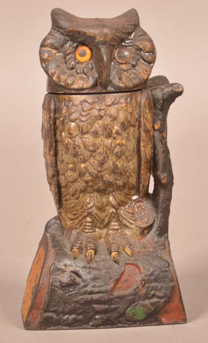 J & E Stevens Cast Iron Owl Mechanical Bank. (1 of 5)