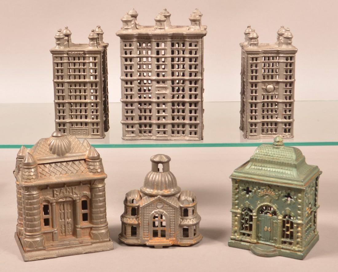 Six Various Cast Metal Building Still Banks. (1 of 2)