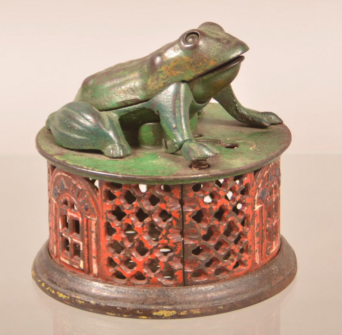 Frog on Lattice Cast Iron Mechanical Bank. (1 of 3)