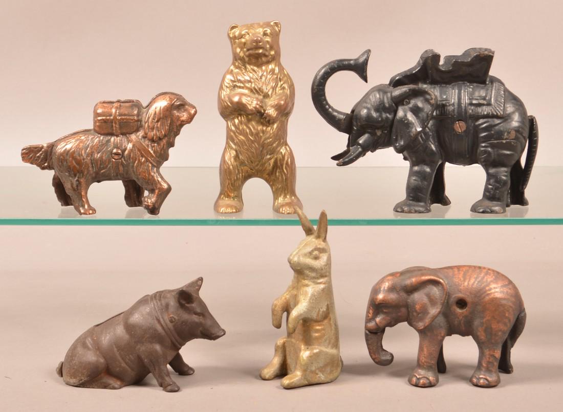 Six Various Cast Metal Animal Figure Still Banks. (1 of 2)