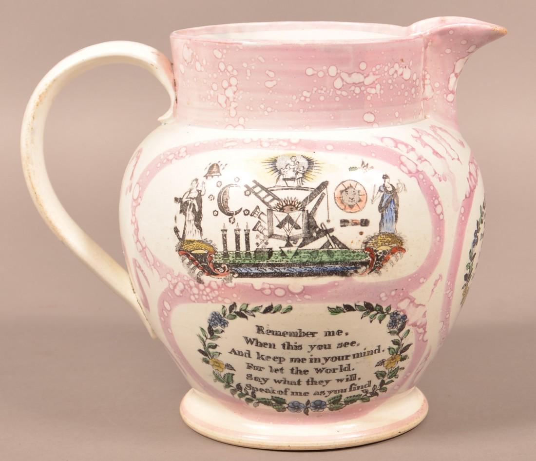 Sunderland Lustre China Masonic Transfer Jug.: Sunderland Lustre China Masonic Transfer Jug. Three transfer reserves with Masonic emblems, clipper ship and verse. 9"h. Condition: Good with wear, 3-1/2" horizontal line near base.