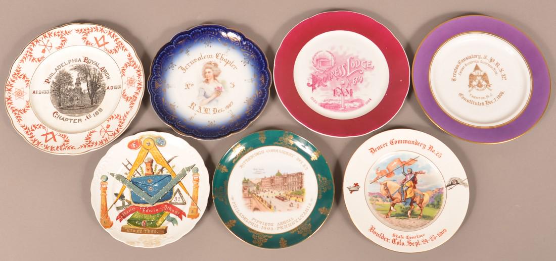 Lot of Seven Various Masonic Decorated Plates.: Lot of Seven Various Masonic Decorated Plates. Largest measures 9-3/4" diam. Condition: Good with minor wear.