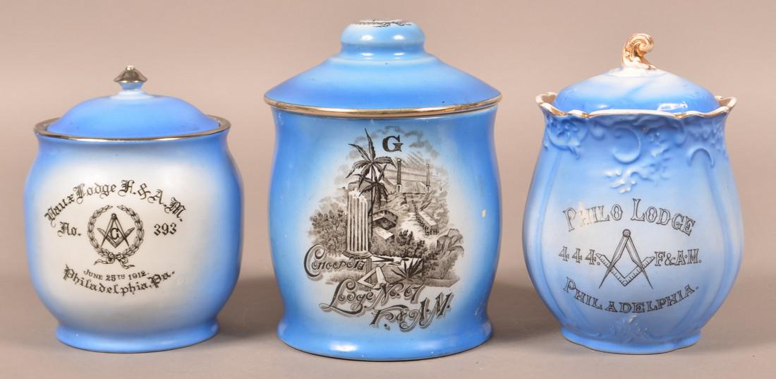 Three Masonic Transfer Decorated Biscuit Jars. (1 of 3)