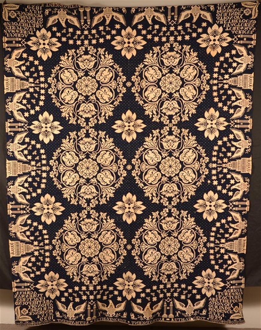 1829 Blue and Neutral Masonic Coverlet. (1 of 4)