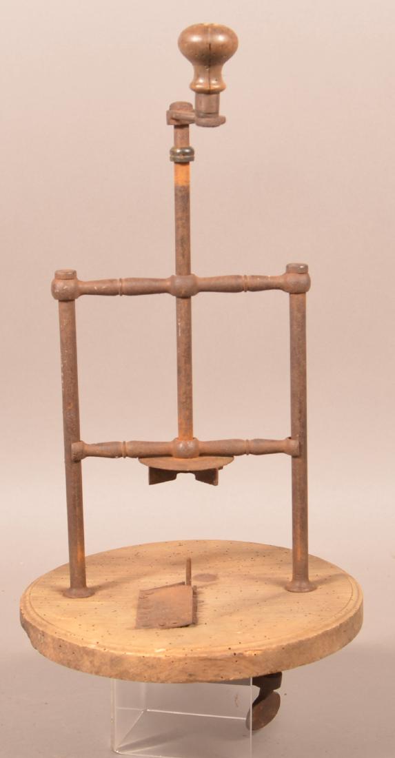 19th Century Iron and Wood Cheese Grater.: 19th Century Iron and Wood Cheese Grater. 19"h. Condition: Fair, all wood with insect damage. Metal has scattered rust.