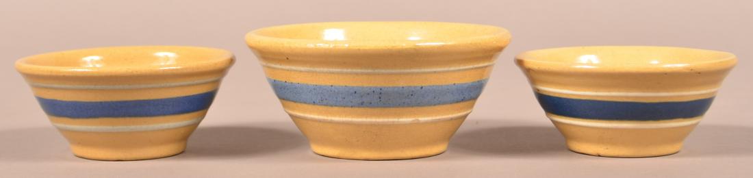 3 Small Yellowware Bowls, Blue & White Bands. (1 of 3)