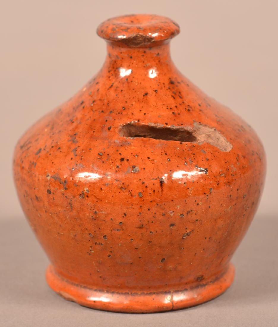 PA Mottle Glazed Redware Dome Form Still Bank. (1 of 3)