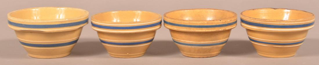 4 Small Yellowware Bowls, Blue & White Bands. (1 of 2)