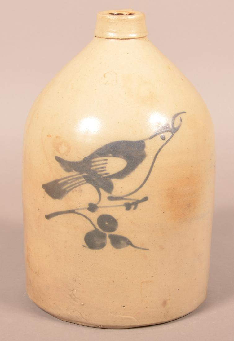 Two Gallon Stoneware Jug with Cobalt Bird Decoration. (1 of 2)