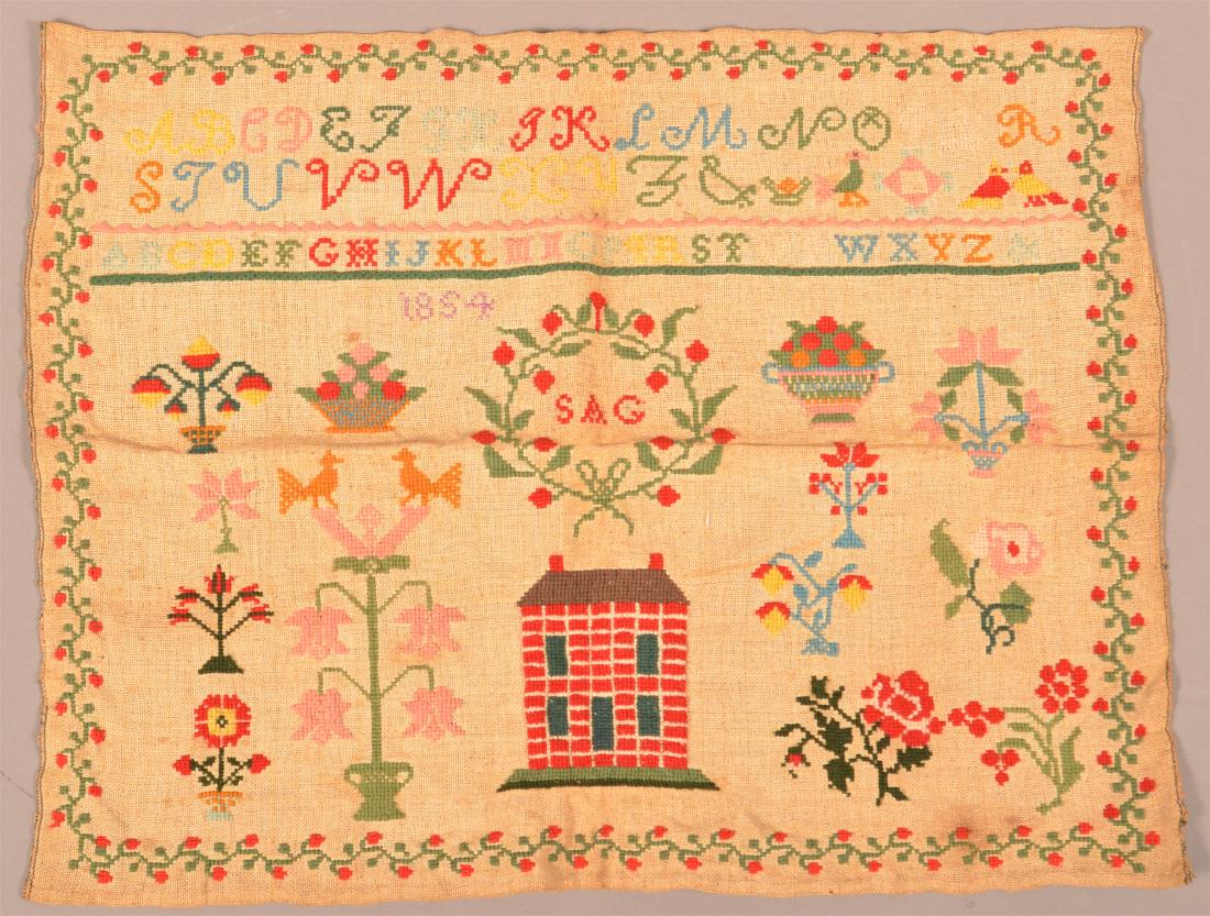 Needlework Sampler Signed "S.A.G. 1854". (1 of 3)