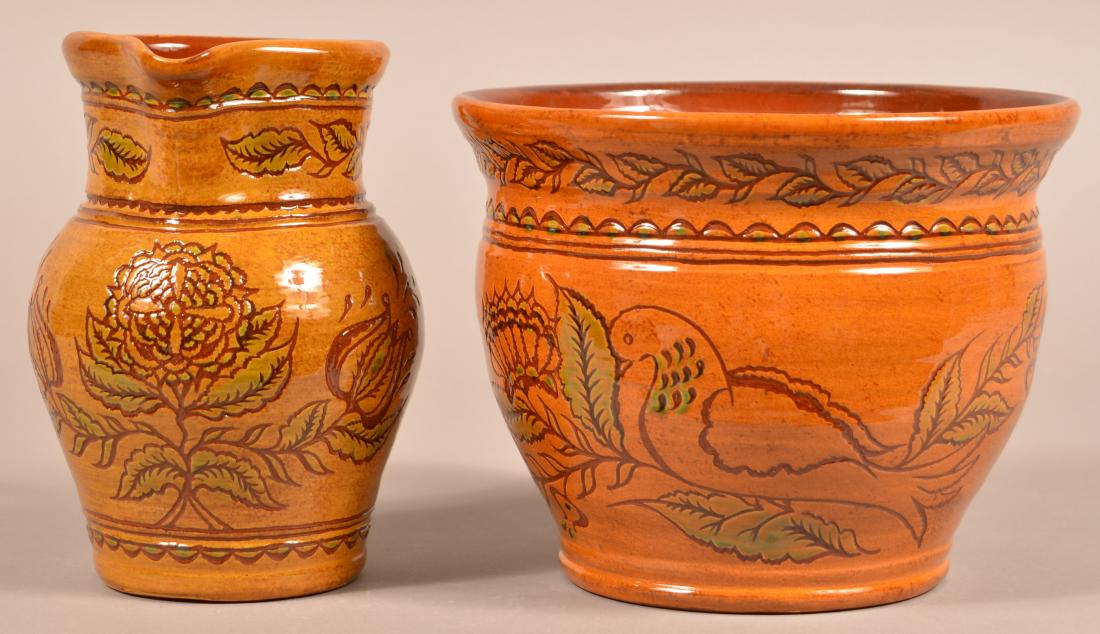 2 Pieces of Foltz Redware with Floral Decoration. (1 of 3)