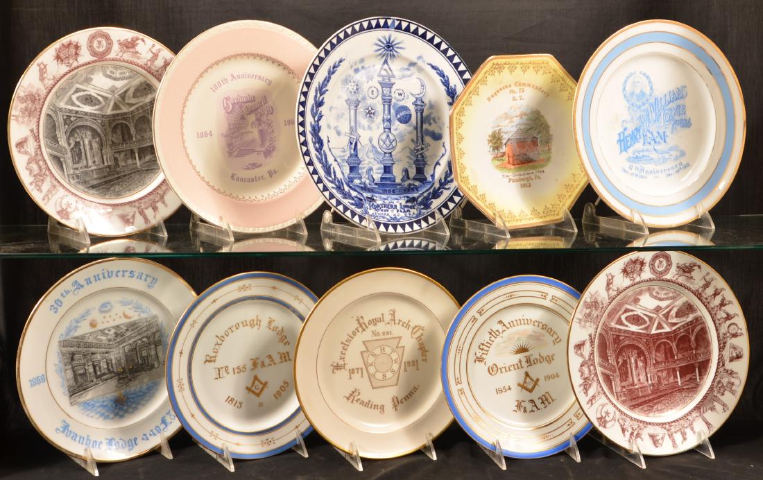 Ten Antique Masonic Transfer China Plates.: Ten Various Antique Masonic Transfer China Plates. 10" diam. Condition: Good with minor wear.