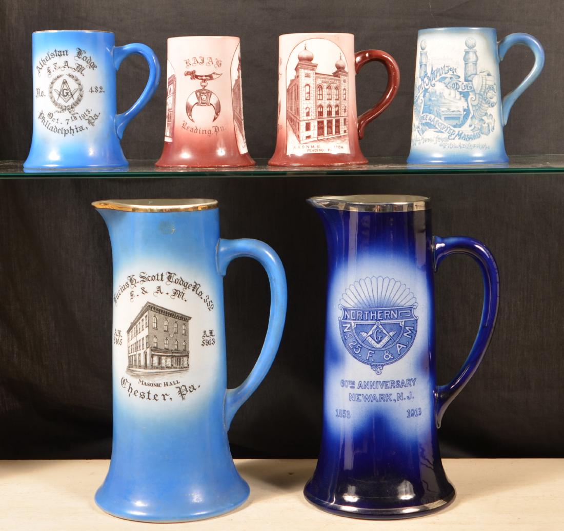 Masonic Lodge Transfer Decorated Ewers & Mugs. (1 of 2)