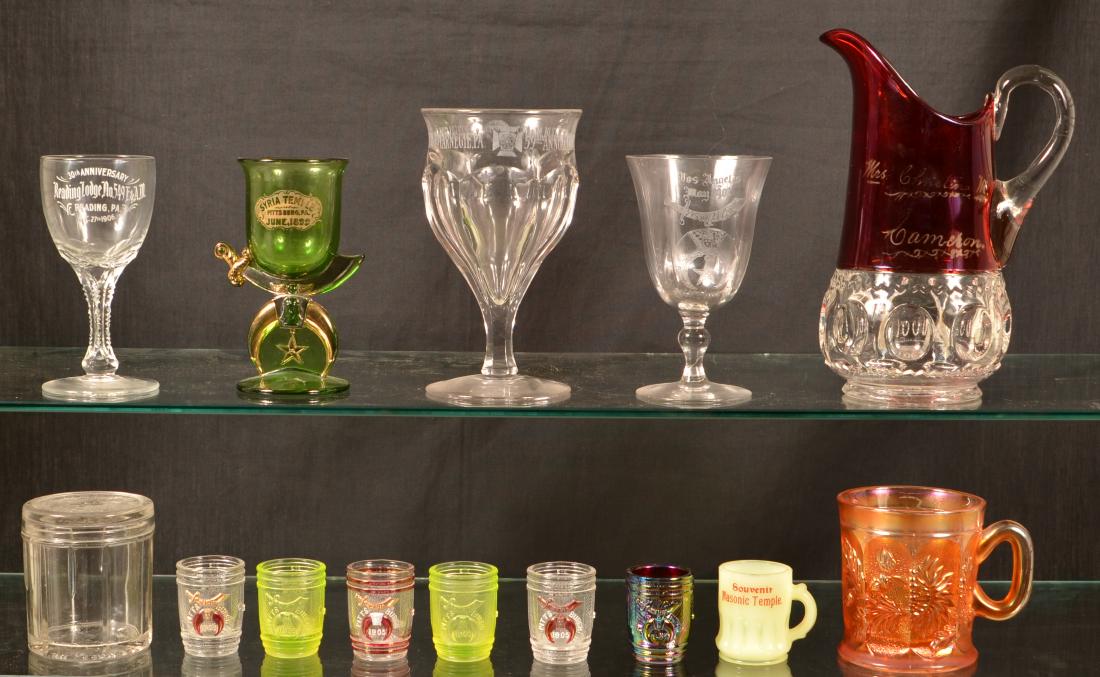Lot of Antique /Vintage Masonic Glassware.: Lot of Antique /Vintage Masonic Glassware. Tallest measures 8"h. Condition: Good with minor wear.